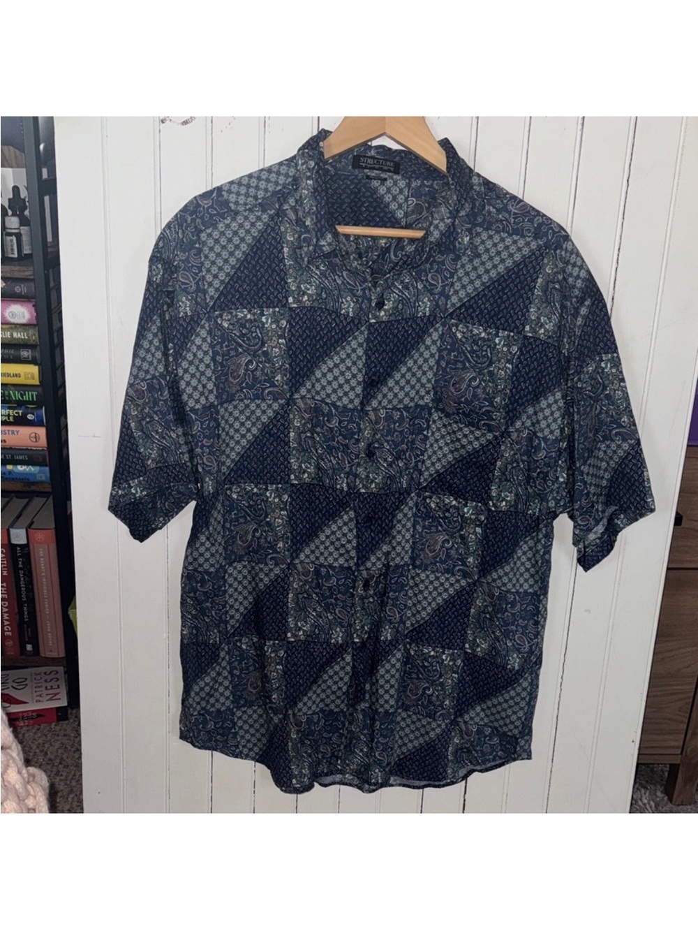 Structure Button Down Shirt Blue Paisley Size XL